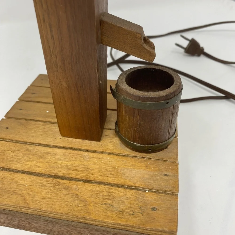 Vintage Table Lamp with Rustic Wood Base and Barrel Detail